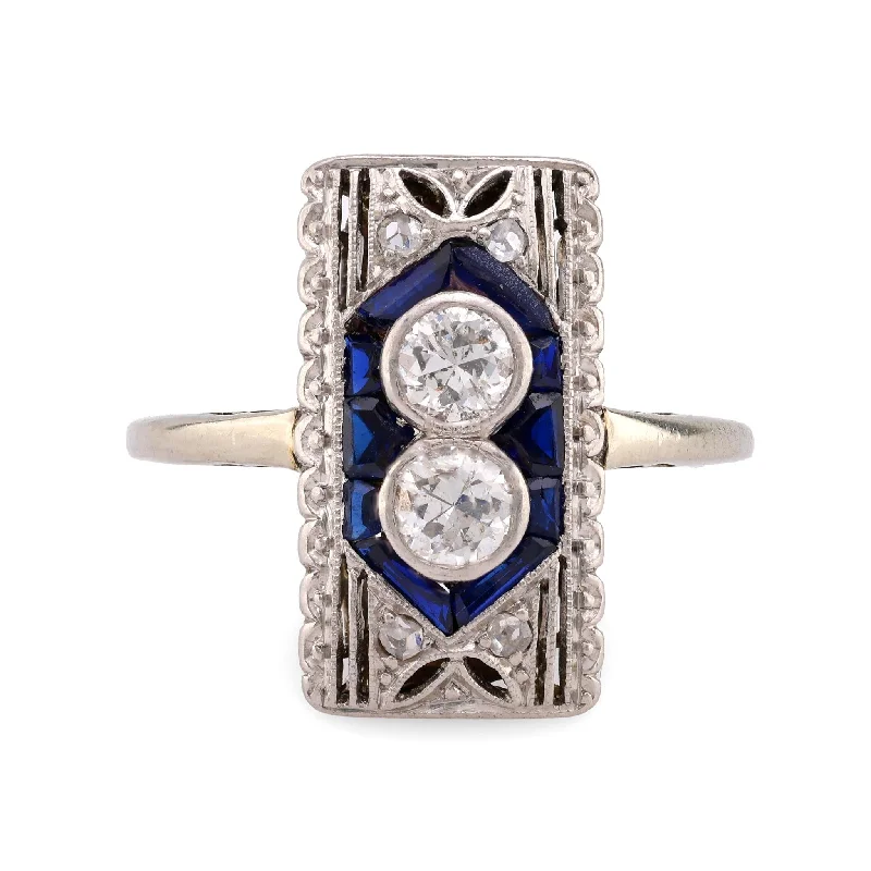 engraved promise ring for couples -Art Deco Diamond Sapphire 18K White Gold Two Stone Ring