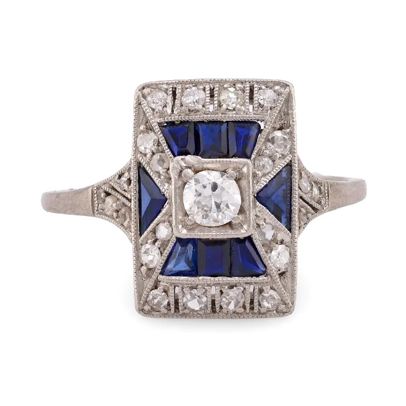 custom infinity ring for women -Art Deco Diamond Sapphire Platinum Ring