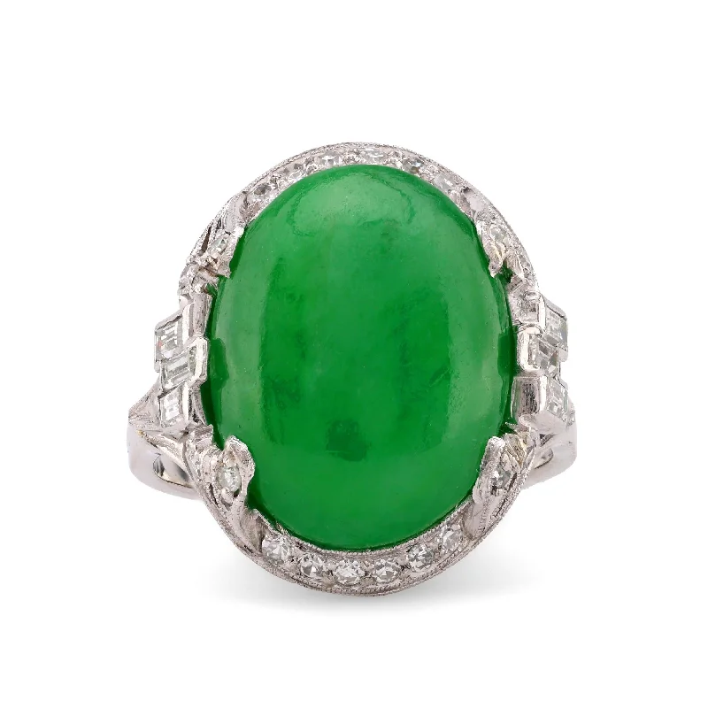 silver stackable rings for women -Art Deco French GIA 8.8 Carat Green Jade Diamond Platinum Ring