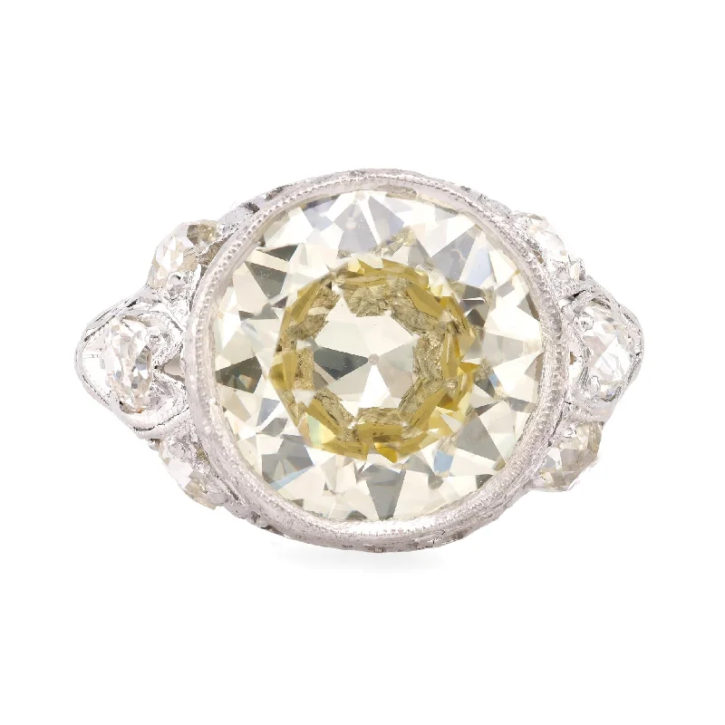 engagement ring with colored diamonds -Art Deco GIA 5.85 Carat Circular Brilliant Cut Diamond Platinum Filigree Ring