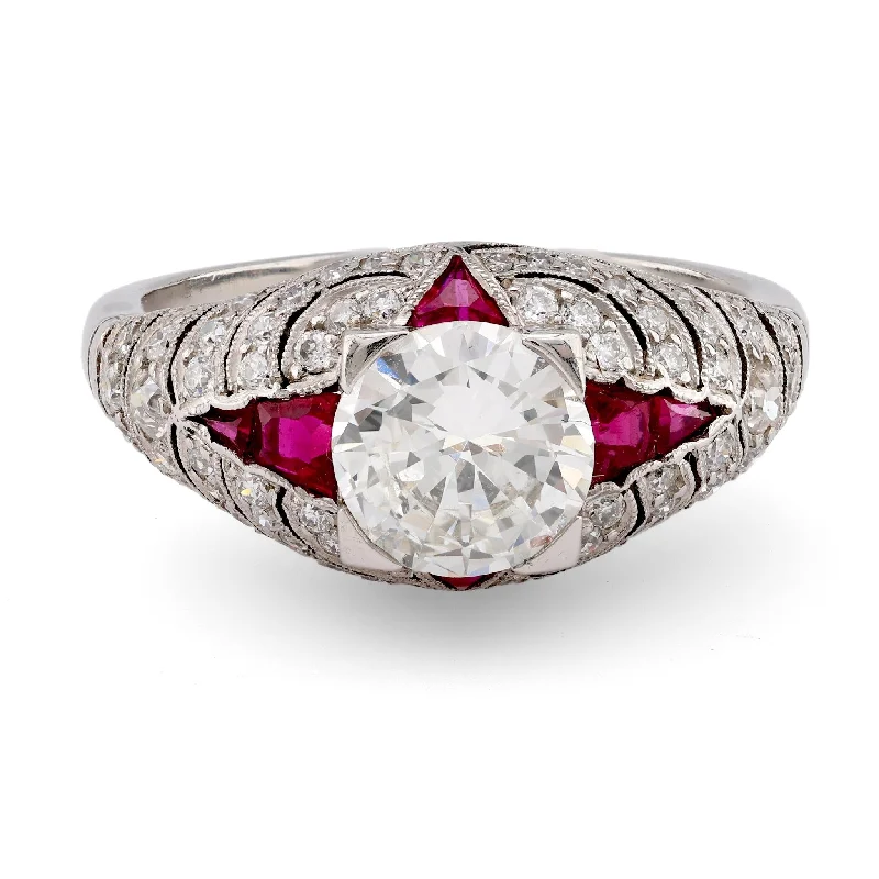 custom ring with birthstone for women -Art Deco Inspired 1.03 Carat Round Brilliant Cut Diamond Ruby Platinum Ring