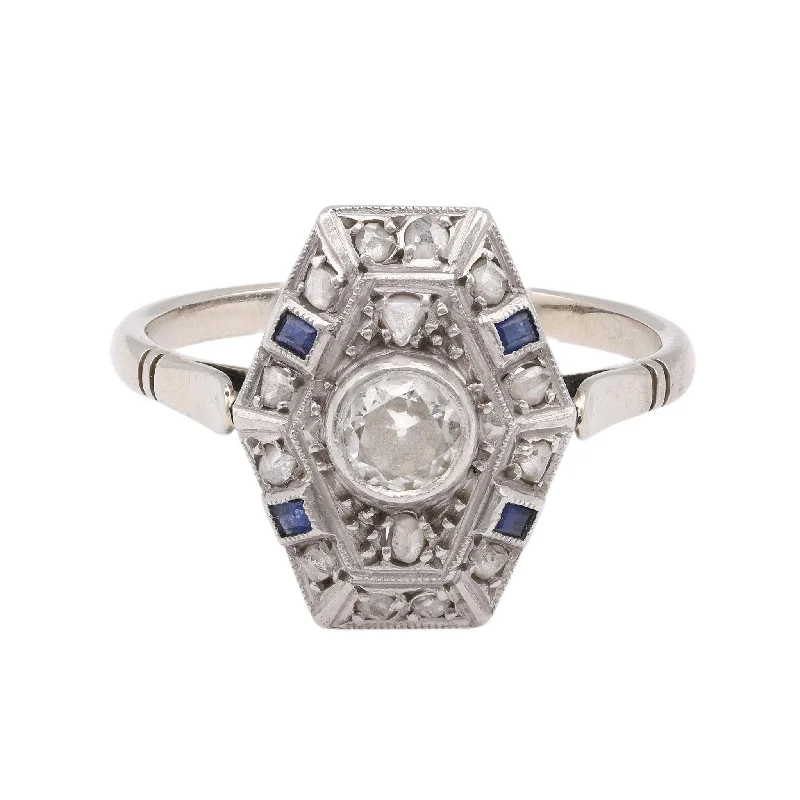 men’s classic wedding ring -Art Deco Old European Cut Diamond Sapphire 18k White Gold Shield Ring