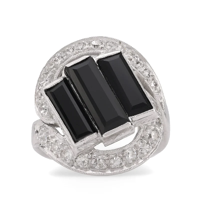 luxury wedding ring for women -Art Deco Onyx Diamond Platinum Three Stone Ring