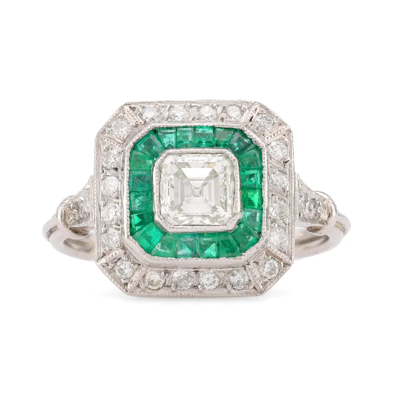 custom engraved couple’s wedding rings -Art Deco Style Diamond Emerald Platinum Square Halo Ring