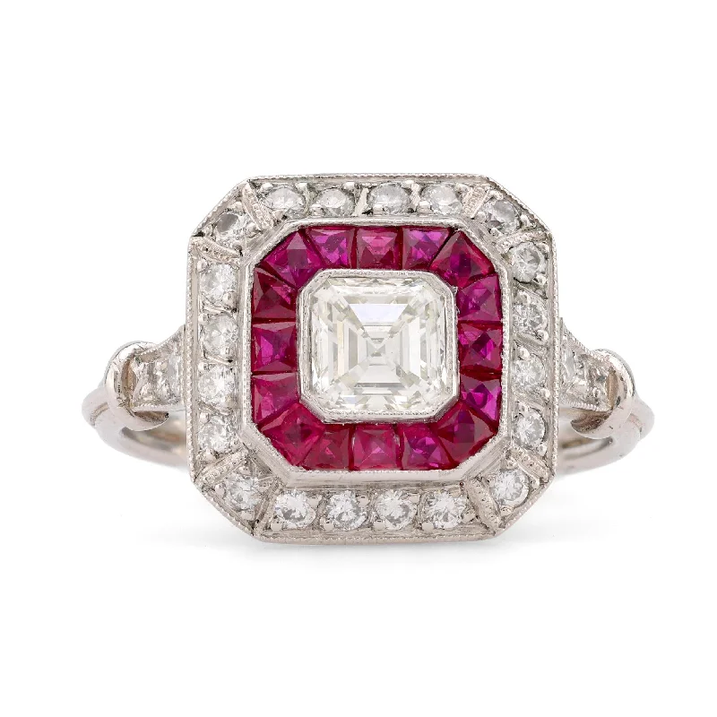 gemstone cluster ring for women -Art Deco Style Diamond Ruby Platinum Square Halo Ring