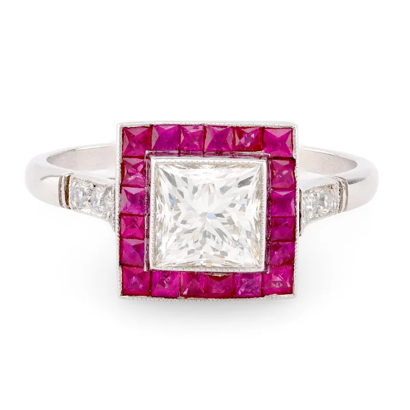 silver stackable rings for women -Art Deco Style Diamond Ruby Platinum Square Halo Ring