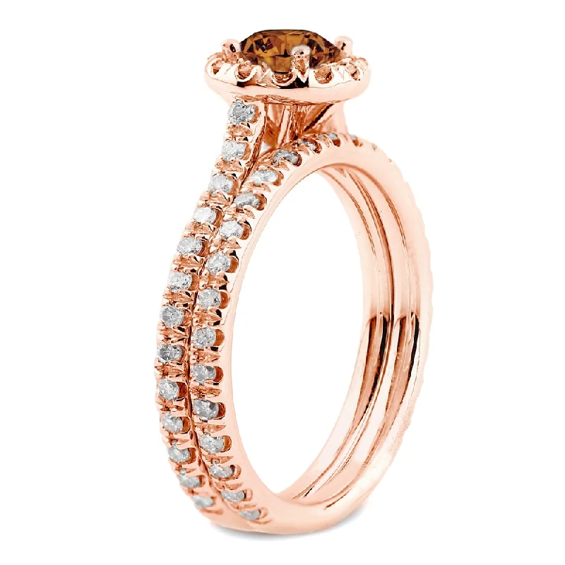 vintage wedding band for women -Auirya 1ct TDW Round Split Shank Brown Diamond Halo Engagement Ring Set 14k Rose Gold