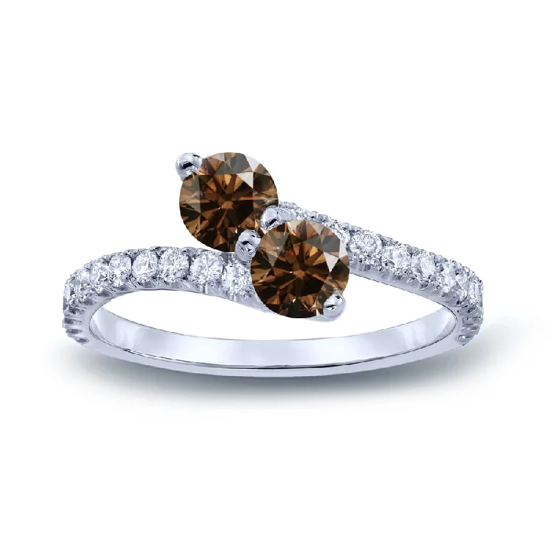 two-tone wedding ring for women -Auriya 1 1/2ctw Round 2-Stone Brown Diamond Engagement Ring 14K Gold