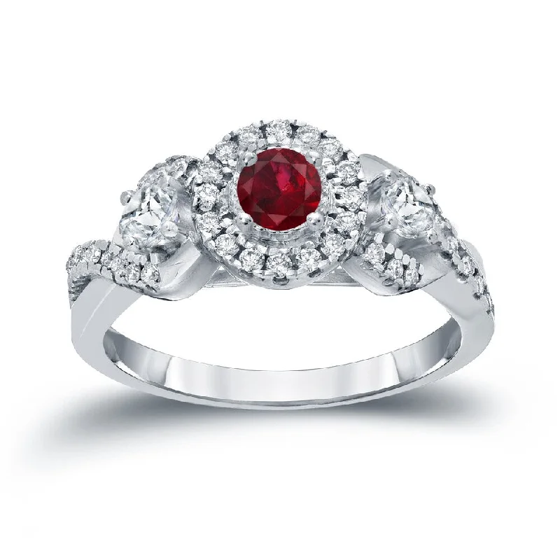 wedding ring with engraved initials -Auriya 1/5ct Red Ruby Gemstone and 1/2ctw 3-Stone Halo Diamond Engagement Ring 14k Gold