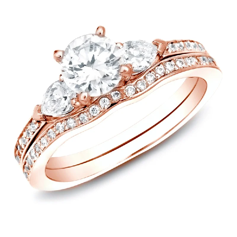 wedding ring with emerald accents -Auriya 14k Rose Gold 1 carat TW 3-Stone Diamond Engagement Ring Set