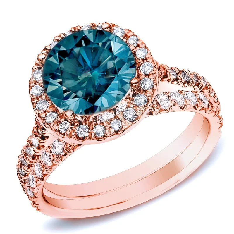 silver diamond engagement ring -Auriya 14k Rose Gold 1ctw Round Blue Diamond Halo Engagement Ring Set