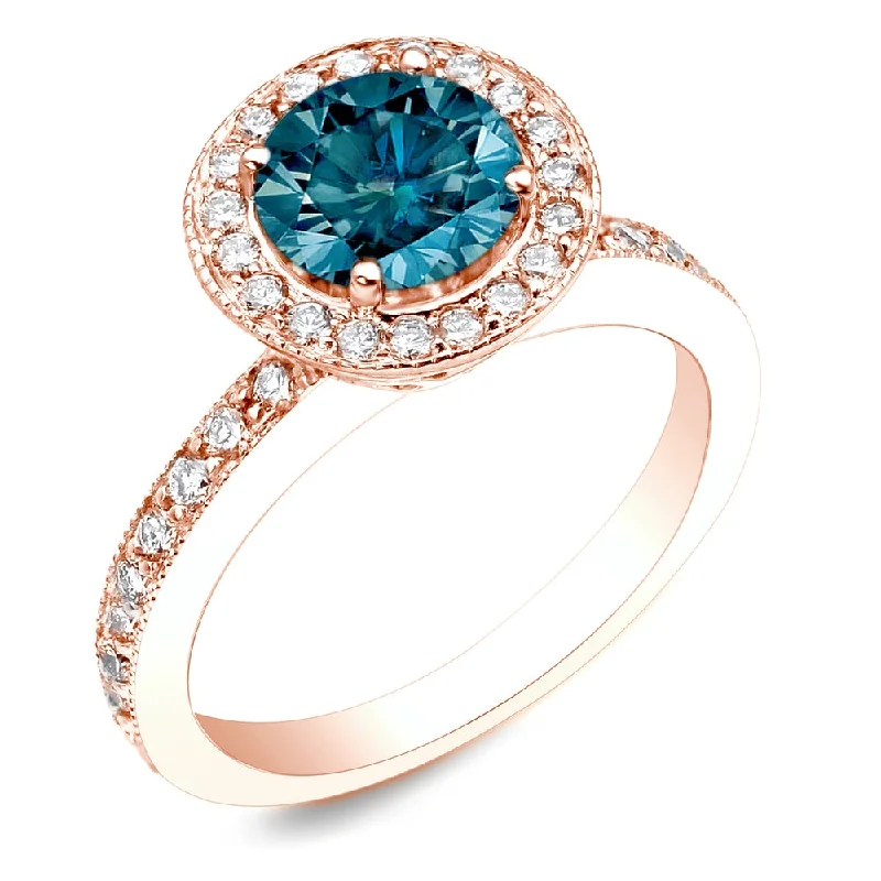 luxury wedding band for men -Auriya 1ctw Halo Blue Diamond Engagement Ring 14k Rose Gold