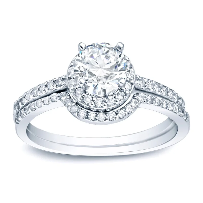 statement ring for engagement -Auriya Platinum 1ctw Round Halo Diamond Engagement Ring Set