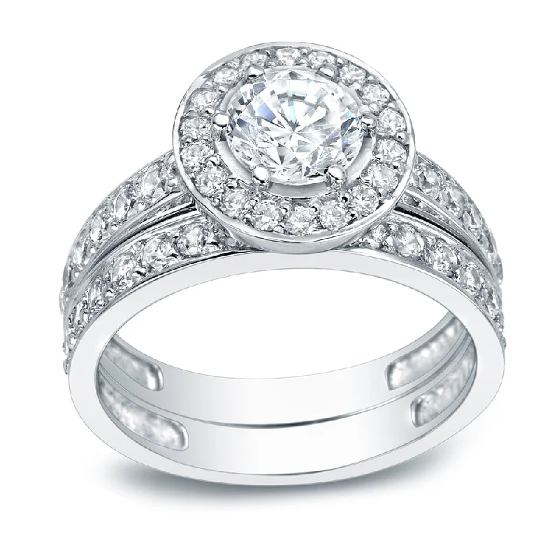 custom silver ring for couples -Auriya Platinum 2 1/4 carat TW Round Halo Diamond Engagement Ring Set