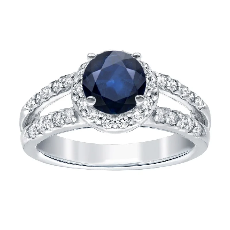 bold statement engagement ring -Auriya Round 1ct Blue Sapphire and 1/2ctw Split Halo Diamond Engagement Ring 14k Gold