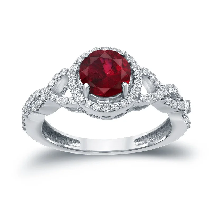 silver wedding ring set for couples -Auriya Round 1ct Red Ruby Gemstone and 2/5ctw Twisted Split Shank Halo Diamond Engagement Ring 14k Gold