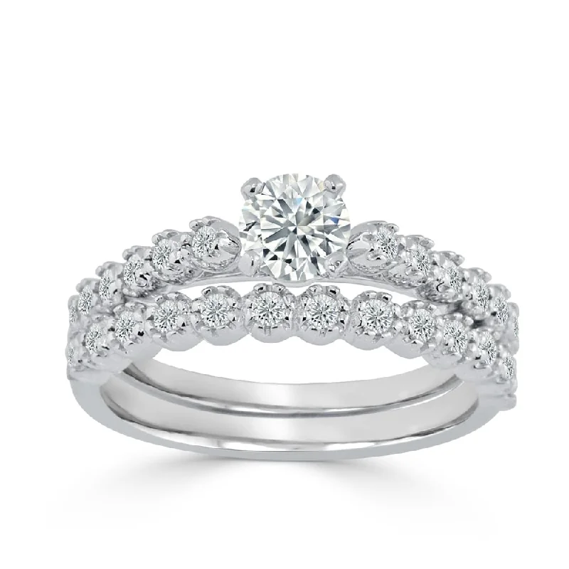 silver wedding band with diamonds -Auriya Round 3/4ct TDW Diamond Engagement Ring Set 14k Gold