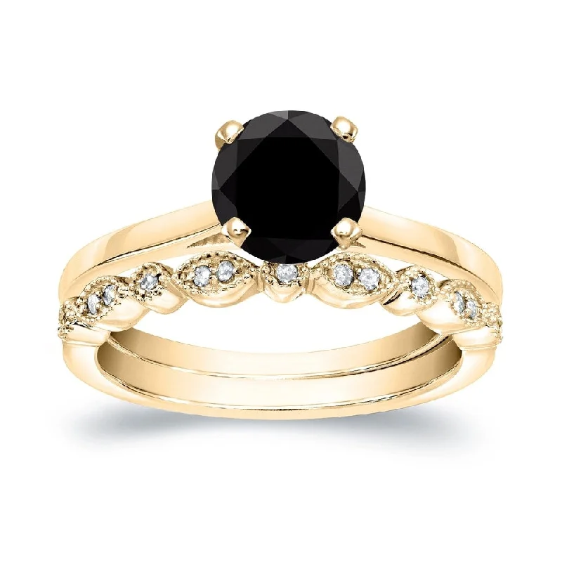 designer engagement ring for women -Auriya Vintage Stackable 7/8ctw Solitaire Black Diamond Engagement Ring Set 14K Gold