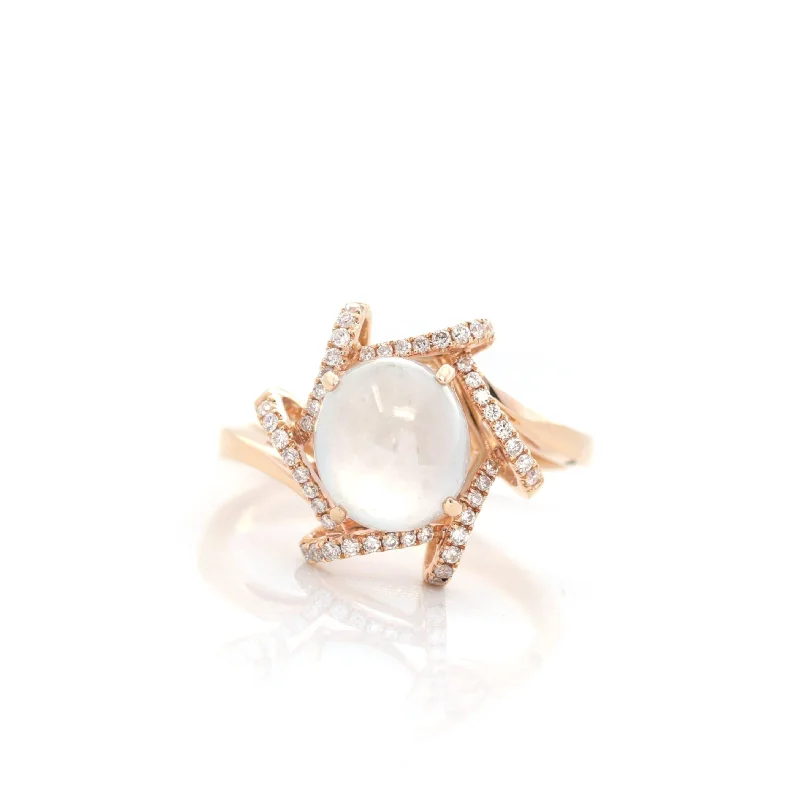 platinum ring for engagement -Baikalla™ 18k Rose Gold Natural Ice Jadeite Engagement Ring With Diamonds