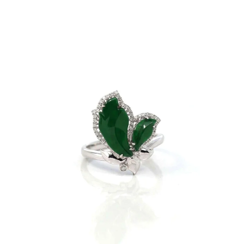 men’s platinum ring for engagement -Baikalla 18k White Gold Natural Imperial Jadeite Jade Butterfly Engagement Ring With Diamonds