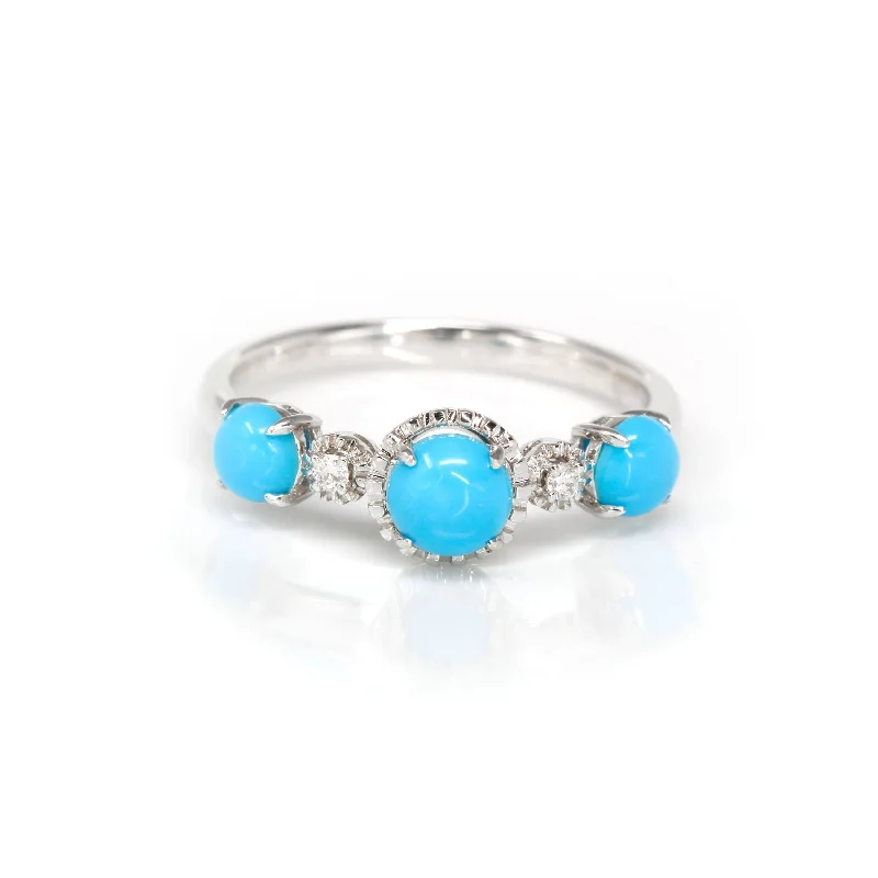 square diamond ring for engagement -Baikalla™ "Sarah" 18k Gold Genuine 3 Stone Persian Blue Arizona Turquoise Engagement Ring