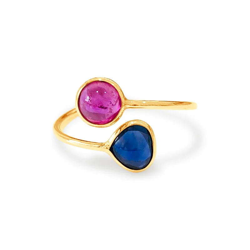 men’s leather ring for engagement -Blue Sapphire & Ruby Pear Shape Ring In 18K Yellow Gold