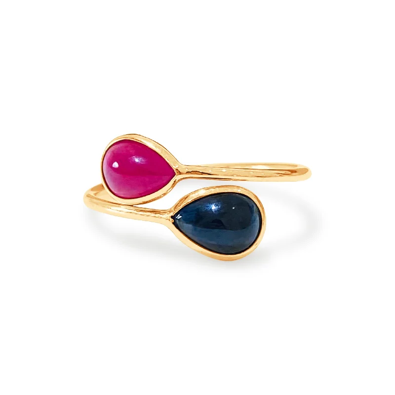 engraved promise ring for couples -Blue Sapphire Tabiz Shape & Pink Tourmaline Rd. Ring In 18K Yellow Gold