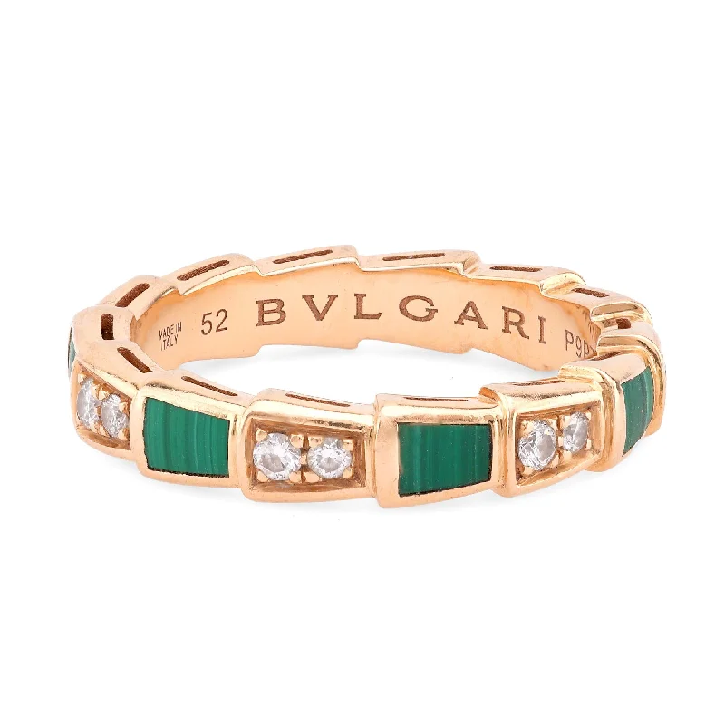 two-tone wedding ring for women -Bvlgari Diamond Malachite 18K Rose Gold Serpenti Viper Ring