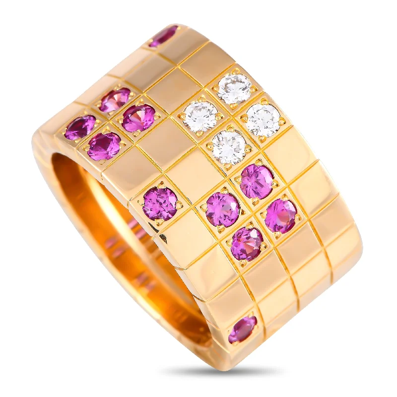 silver wedding band with diamonds -Cartier Lanires 18K Rose Gold Diamond and Pink Sapphire Four Row Ring CA11-093024