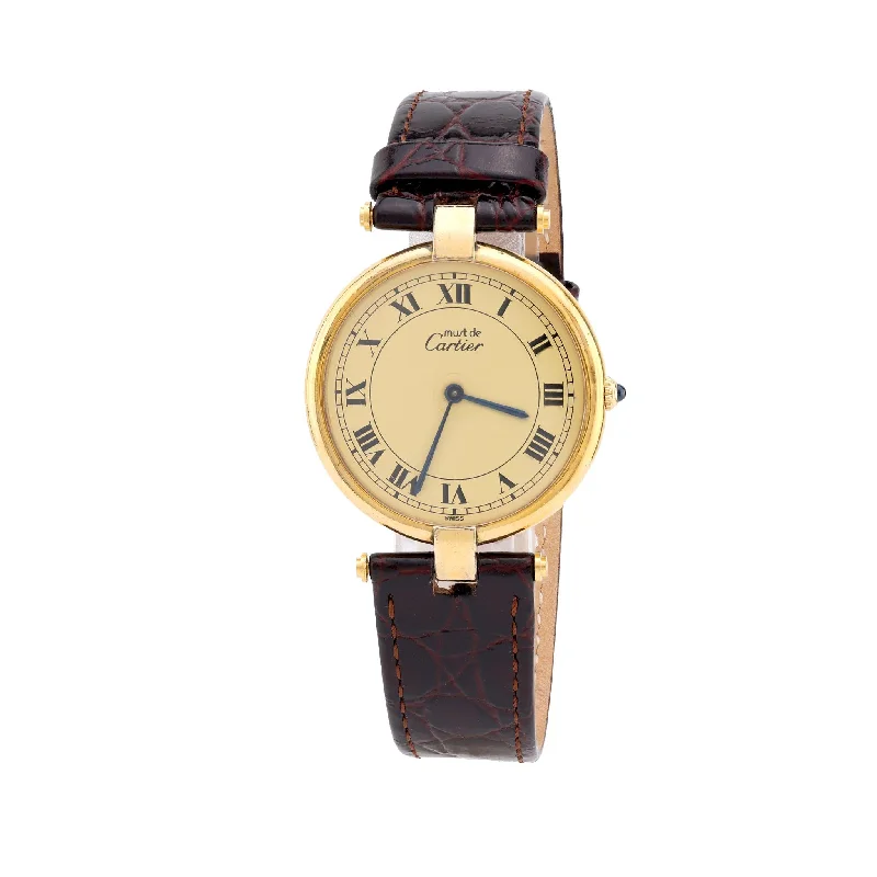 custom wedding ring for women -Cartier Paris Vendome gold plated silver leather wristwatch