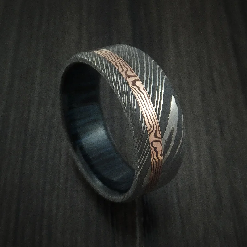 romantic engagement ring for women -Damascus Steel and 14k Rose Gold Mokume Shakudo Inlay with a Blueberry Wood Sleeve