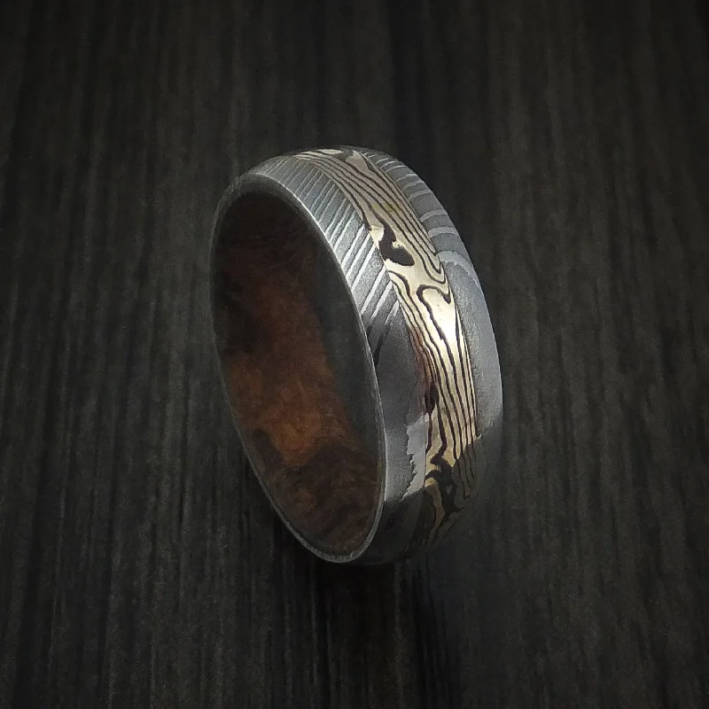 rose gold wedding band for women -Damascus Steel and 18k Yellow Gold Mokume Shakudo Inlay and Hardwood Sleeve