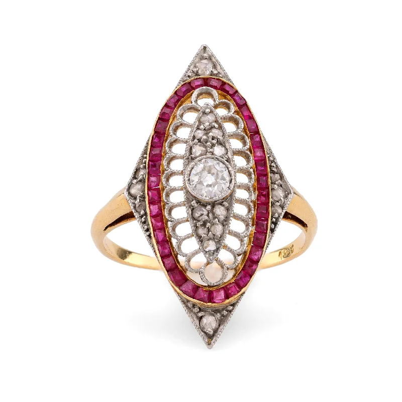 wedding ring with engraved initials -Edwardian Diamond Ruby 18K Yellow and White Gold Navette Ring