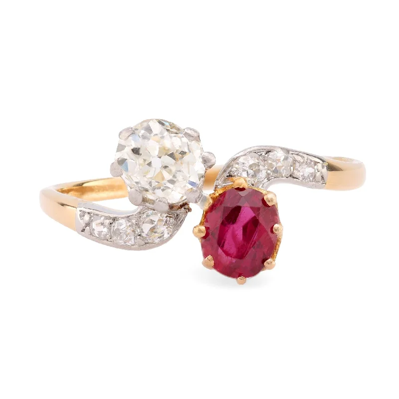 men’s wedding ring with diamonds -Edwardian Diamond Ruby 18K Yellow Gold Toi Et Moi Ring