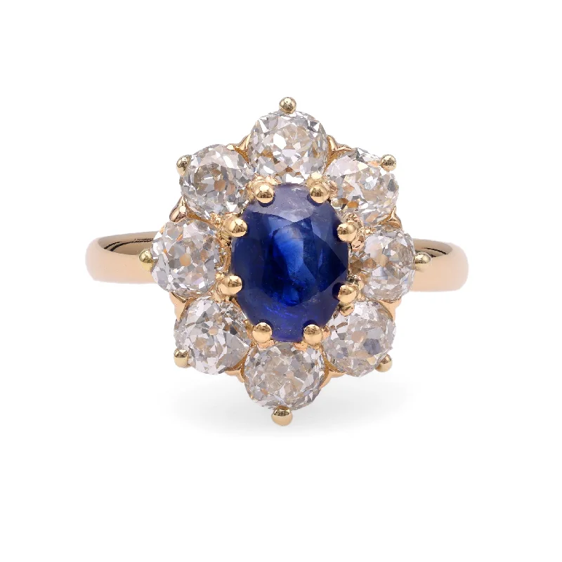 custom signet ring with initials -Edwardian GIA 1.41 Carats Kashmir No Heat Sapphire Diamond 18k Gold Cluster Ring