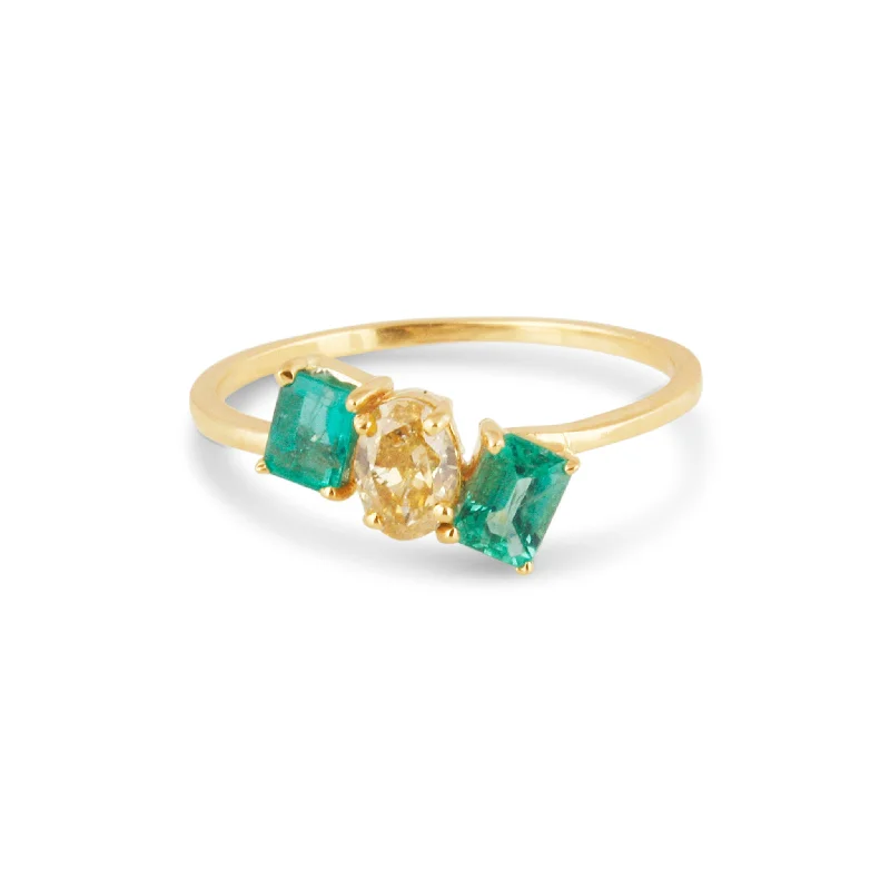 wedding ring with engraved initials -Emerald Rect & Diamond Oval Ring In 18K Yellow Gold