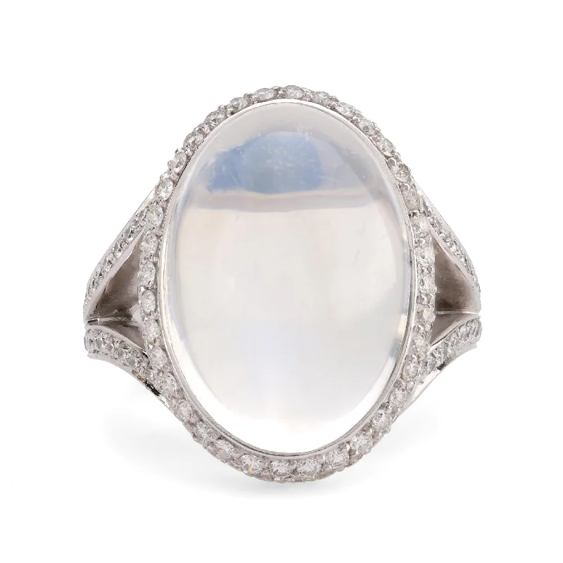 custom ring with birthstone for women -Extraordinary moonstone diamond 18k white gold cocktail ring