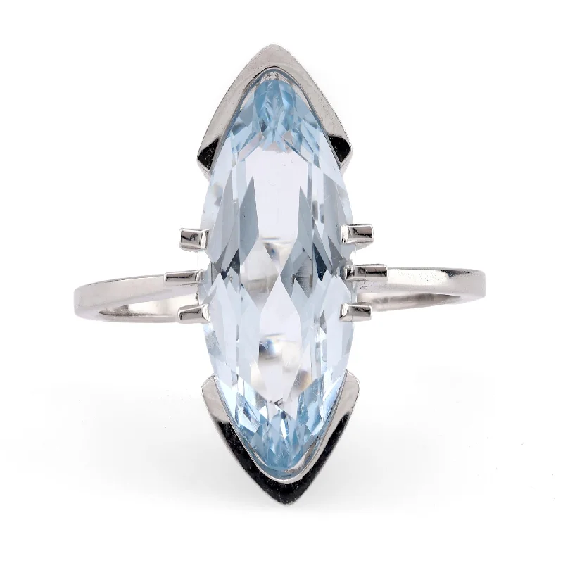 custom birthstone engagement ring -French Mid Century 2.40 Carat Aquamarine 18K White Gold Solitaire Ring