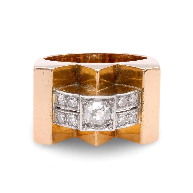 men’s engagement ring with diamonds -French Retro Old  European Cut Diamond 18K Rose Gold Tank Ring