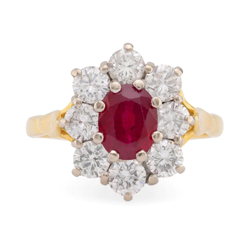 gemstone cluster wedding ring for women -GIA 1.2 Carat Burma Ruby Diamond 18K Yellow and White Gold Cluster Ring