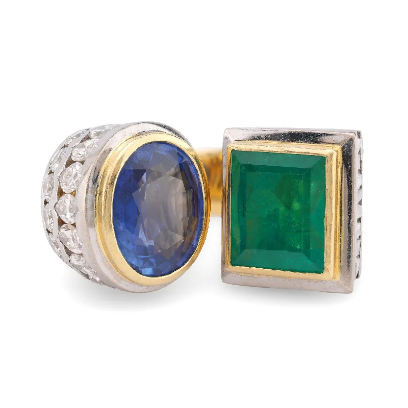 classic diamond ring for women -GIA 10 Carat Sapphire GIA 5.3 Carat Emerald Diamond 18K Yellow Gold Large Ring