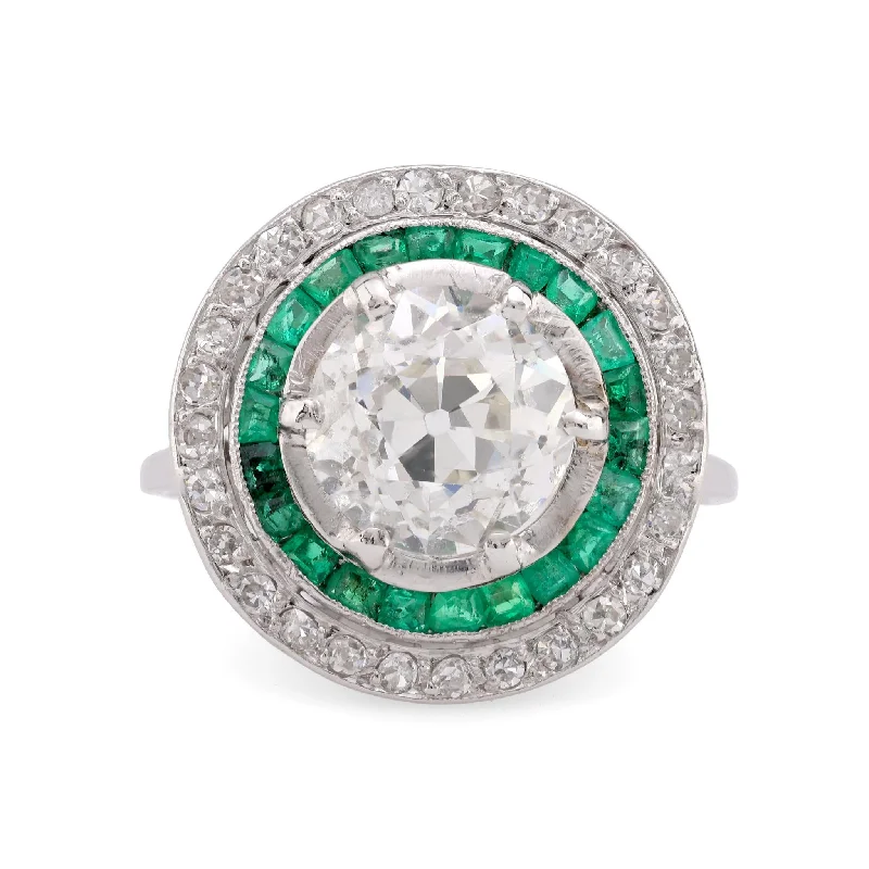 silver wedding ring set for couples -GIA 2.31 Carat Old European Cut Diamond Emerald Platinum Target Ring