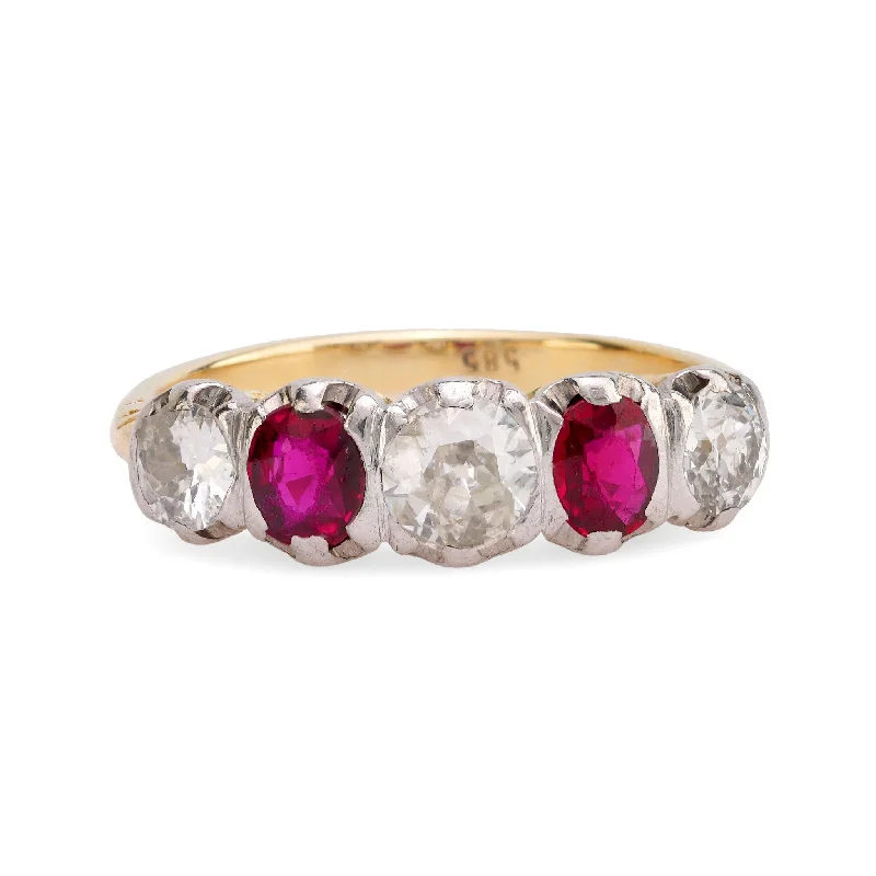 large engagement ring with diamond accents -Gorgeous Victorian diamond ruby 14k yellow and white gold five stone ring