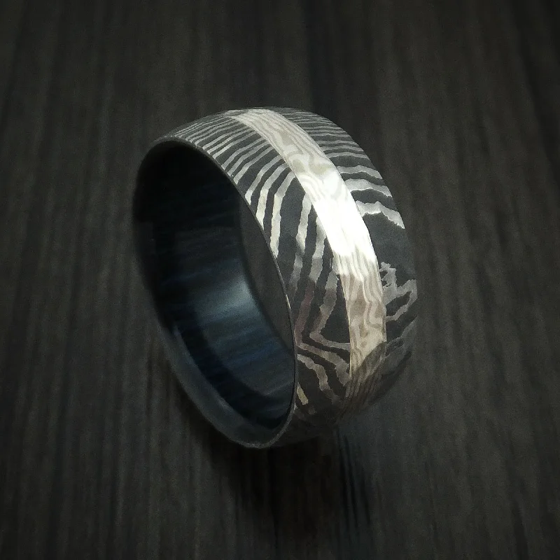 vintage wedding band for women -Hammered Damascus Steel and Palladium Mokume Inlay with Blueberry Wood Sleeve