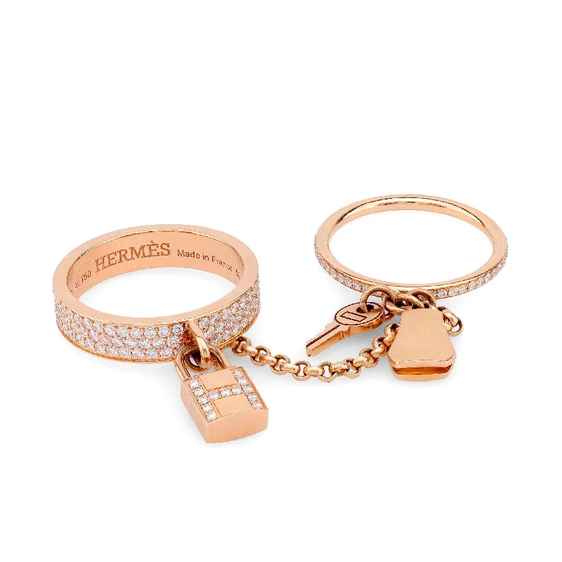 gold wedding ring set for couples -Hermes French diamond 18k rose gold Kelly cadenas double ring