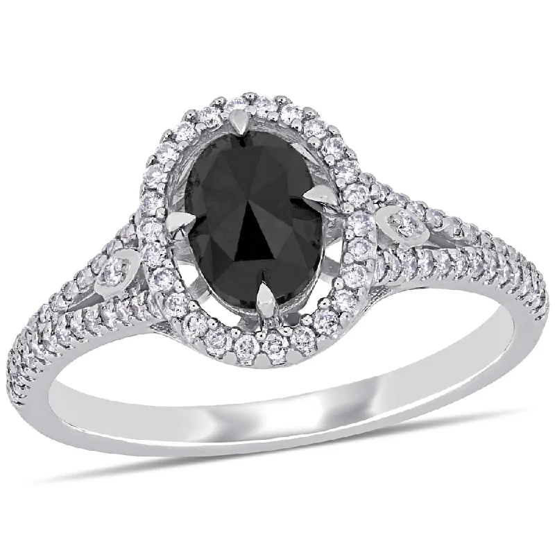 custom birthstone engagement ring -Miadora 14k White Gold 1 1/4ct TDW Black and White Diamond Oval Halo Engagement Ring