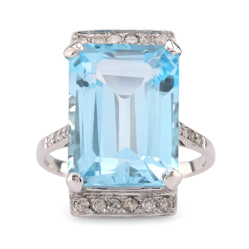 vintage-inspired engagement ring for women -Mid Century French 12 Carat Aquamarine Diamond 18K White Gold Cocktail Ring