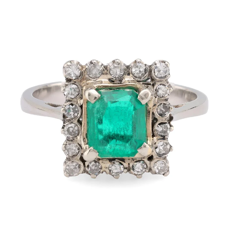 wedding band with custom engraving -Mid Century GIA 1.1 Carat Emerald Diamond 18K Yellow Gold Cluster Ring