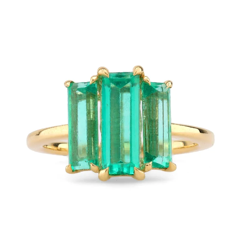 large gemstone ring for women -Mid Century Style GIA 2.5 Carat Emerald 18K Yellow Gold Three Stone Ring