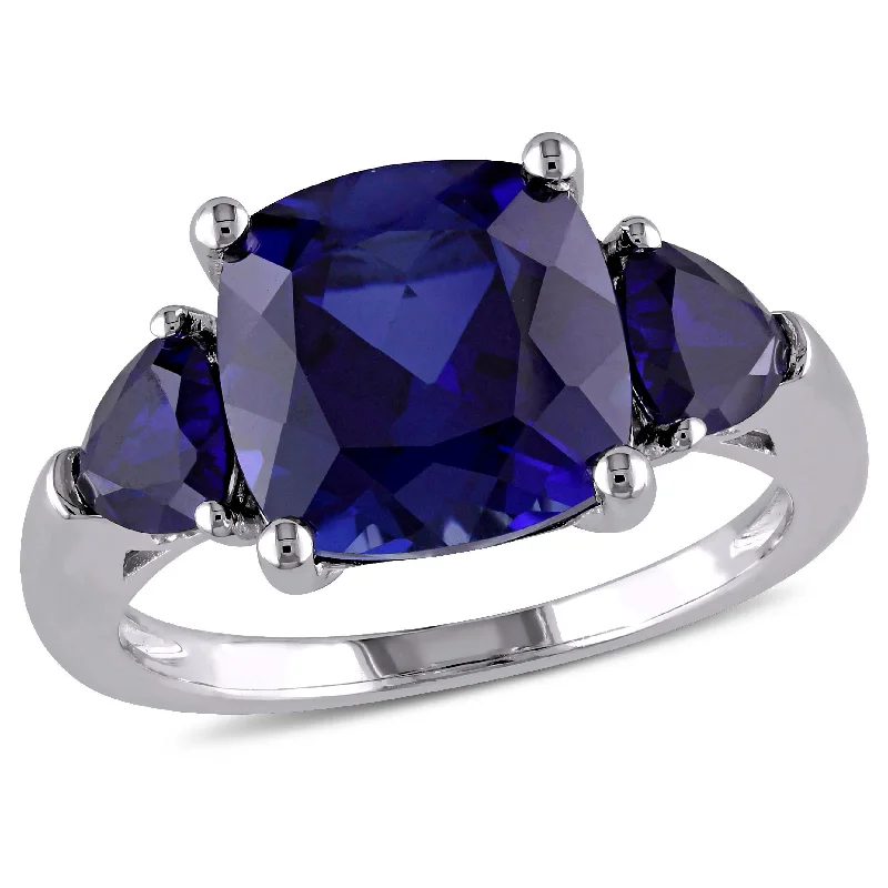 luxury wedding ring for women -Mimi & Max 7 1/10ct TGW Cushion Cut Created Blue Sapphire 3-Stone Ring in Sterling Silver